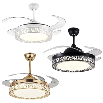 Модерни LED интелектуални таванни вентилатори със светлина и дистанционно управление Gold Нова лъскава декорация на дома Таванни лампи за хол