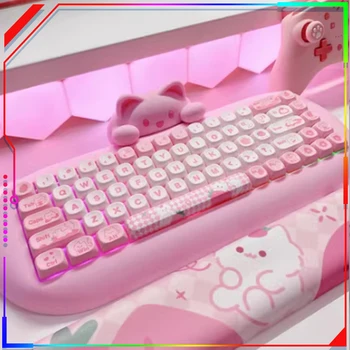Yunzii C68 розов сладък котка силикон Hot Swap Nkro ергономичен Bluetooth / 2.4g / кабелен RGB механична клавиатура за игри за PC оригинал