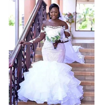 африкански русалка рокли плюс размер нови дълги ръкави тюл мъниста сватба рокля по поръчка