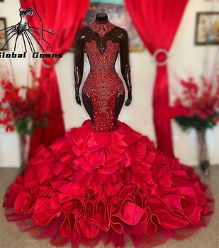Red Sheer O Neck вечерна рокля за черни момичета формован кристал официални рокли къдри дълъг абитуриентски рокля русалка рожден ден рокли