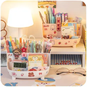 Kawaii Настолен държач за писалка Голям капацитет сладък канцеларски кутия за съхранение Творчески карикатура молив притежател Ins бюро организатор за момичета