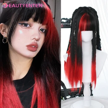 BEAUTY Long Ombre Colorful Synthetic Cosplay Перука Lolita Harajuku с бретон Естествени вълнообразни перуки Черни акценти Червена дневна перука