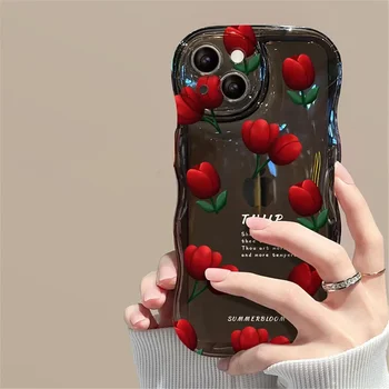 Clear Cover Capa Korea Love Heart Hang Chain Soft Case For iPhone7 8 Plus 14 Pro Max 12 13 11 X XS XR SE Сладка вълна роза цвете