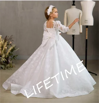 Бяло цвете момиче рокля дантела принцеса рокля за момиче дълъг ръкав първо причастие рокли Детски сватбени рокли