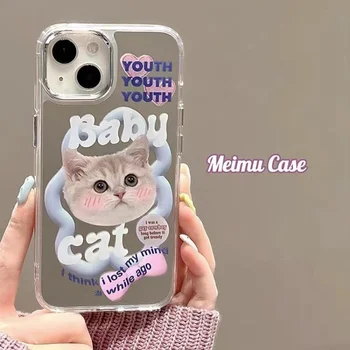 Огледално покритие метална боя рамка карикатура телефон случай за IPhone 11 12 13 14 Pro Max сладък изчервяващ котка удароустойчив защитен капак