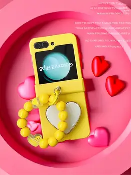 Луксозна 3D любовна скоба за сърце жълт калъф за телефон за Galaxy Zflip5 Z Flip 4 Flip5 Zflip3 Патешки мъниста гривна преносим капак