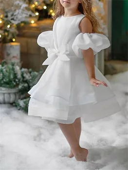 Бяла слоеста тюл пухкава цвете момиче рокля за сватба коляното дължина с лък дете абитуриентски бал топка прости рокли първо причастие износване