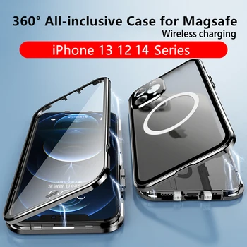 Метален магнитен калъф за iPhone 14 13 12 11 Pro Max Magsafe Безжично зареждане 360° Запечатано стъкло Fall preventio защитно покритие