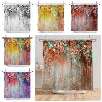 Цвете душ завеса абстрактно флорални цветове цветчета храсти рисунка отпечатани изкуство полиестер плат баня декор комплект с куки