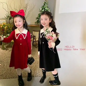Детски корейски- елегантна тънка плетена рокля зимни момичета класически стил контрастен цвят вълнена пола