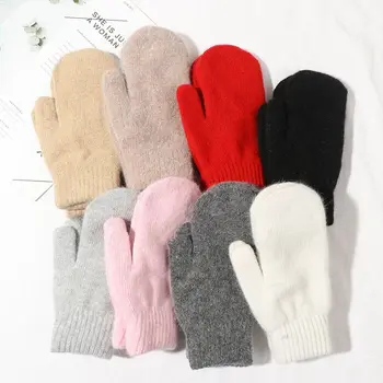Мода мек плътен цвят двоен слой зимни ръкавици заек коса ръкавици всички пръсти