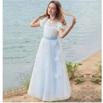 Sheer Neck цвете момиче рокли за сватба бяла флора апликации момичета конкурс рокли кухи обратно деца рожден ден