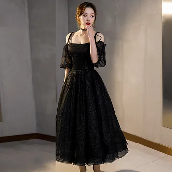 Черно рамо пайети вечерна рокля жени квадратна яка цип A-линия абитуриентски бал рокля елегантен прости модерни Homecoming рокли