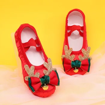Нови танцови обувки за коледни момичета Танцови червени балетни обувки Меки обувки за детски сценични изяви