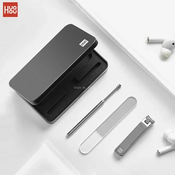 Huohou 4in1 Комплект за подстригване на нокти против пръски Резачка за маникюр Магнитна лъжица за уши от неръждаема стомана Педикюр Инструмент за ножици за нокти