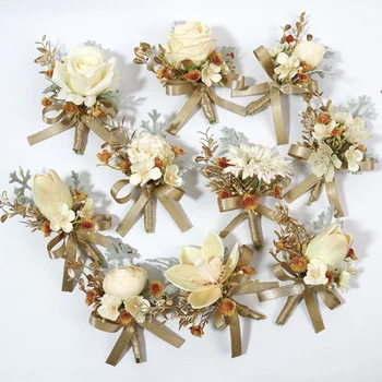 Златни аритификационни цветя бутониера китка корсаж сватбени аксесоари Acessórios para casamento