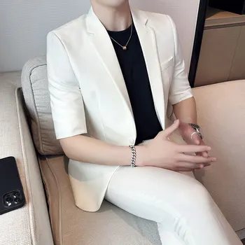 (Jacket+Pants)Мъжки корейски стил половин ръкав костюми тънък сватбени костюми по поръчка 2 парчета бизнес официален младоженец Tuxedo Ternos