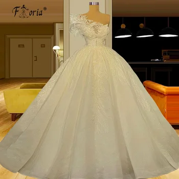 Луксозна бална рокля сватбена рокля 2022 Едно рамо пера дантела русалка булчинска рокля принцеса плюс размер Vestido De Novia