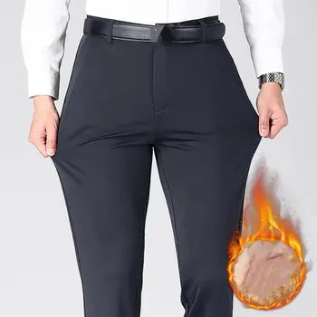 Мъжки официални панталони меки удебелени плюшени мъжки бизнес панталони без бръчки прав крак средата на талията ластик за офис за мъже