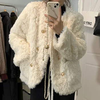Ежедневни зимни палта с дълъг ръкав с О-образно деколте 2022 Елегантен хлабав бяла кожа палто реколта извънгабаритни бохо вълнени палта за жени