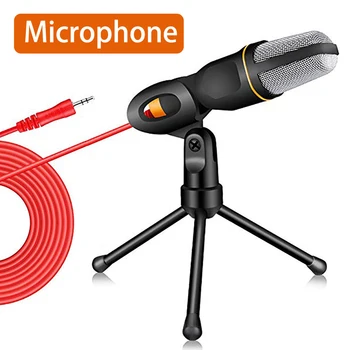 Микрофон със стойка за микрофон, професионален 3,5 мм жак за запис на кондензаторен микрофон, съвместим с компютър, лаптоп, пеене и игри