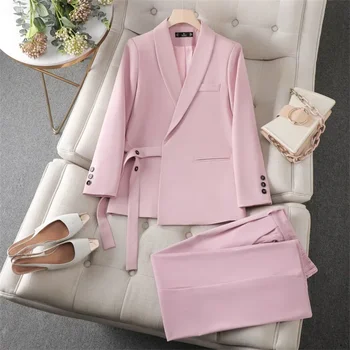 Розови дамски костюми 2 броя нетактичност + панталони памук пролет офис дама бизнес работа износване мода момиче палто панталони бала рокля