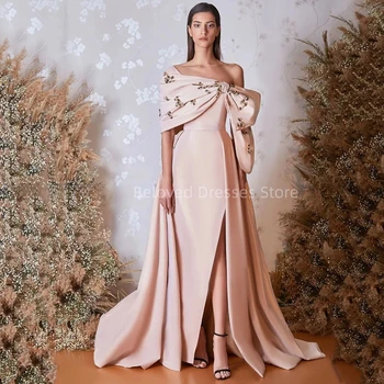 Изящни сатенени светлорозови A-Line вечерни рокли Елегантни от рамото Големи панделки Мъниста Абитуриентски рокли Vestidos De Gala 2023