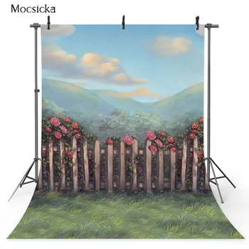 Планински връх фон Зелена трева Розов цветен фон за фотографско студио Woodland пейзаж портрет фотосесия фон