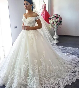2024 Off рамо очарователен сладък бяла сватбена рокля топка рокли дантела апликирани пайети булчински рокли Vestido De Noiva