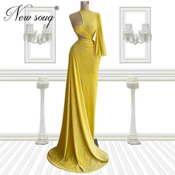 Abendkleider Жълти вечерни рокли с едно рамо Най-новите висша мода пайети Абитуриентска парти рокля Официална рокля на знаменитости в Дубай 2022