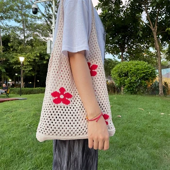 Флорални случайни голяма пазарска чанта цвете трикотажни чанта окото кухи рамо чанта жени плетене пазарска чанта