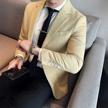 2023 Модни мъжки блейзъри Плътен цвят дълъг ръкав ревера тънък блейзър костюм палто OutwearJacket за облекло бизнес Tuxedo 3XL