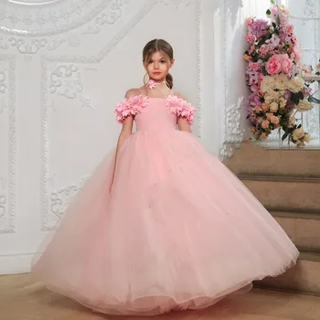 Розово рамо лодка врата цвете момиче рокли за рожден ден 2023 лято мек тюл сватбено тържество рокли с цвете