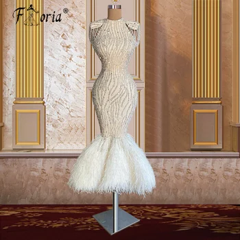 Кристали Мъниста Абитуриентски рокли с високо деколте Капачка ръкави Къси вечерни рокли Цип обратно перо Официална парти рокля 2022