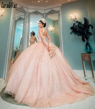 Shinny Sequined топка рокля Quinceanera рокли мъниста сладък 16 рокля от рамото vestidos de 15 años 2020