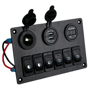 6 Gang Switch панел с 12V-24V LED цифров волтметър Dual USB зарядно запалка гнездо за RV камион лодка SUV