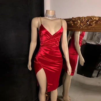 Дамски рокли за завръщане у дома Червена златна верижка без ръкави Секси дълбоко V деколте страна цепка над коляното парти мини рокли 2022