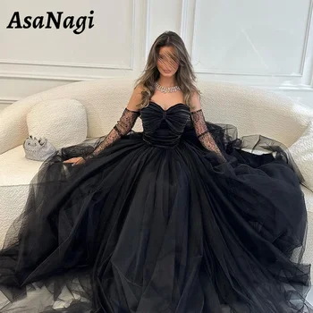 AsaNagi Линия тюл вечерна рокля дълъг ръкав сладък пайети парти абитуриентски рокля черен етаж дължина специален повод рокли 2024