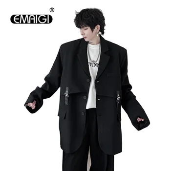 Кожена катарама ниша дизайн костюм палто мъжки корейски streetwear мода хлабав случайни реколта блейзъри яке пролет есента облекло