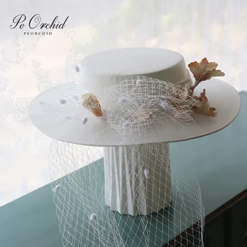 PEORCHID френски стил плоска периферия булчинска шапка с окото цветя елегантен сватба аксесоари за коса парти шапка фотосесия плажна шапка