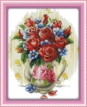 Joy Sunday Предварително отпечатан кръстат бод комплект лесен модел Aida щампован плат бродерия комплект-роза ваза (3)