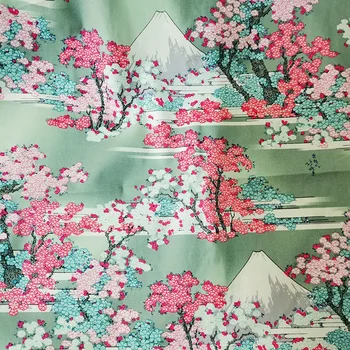 Красиво светло зелено дъно 100% памучен плат Япония черешови цветове планината Фуджи цифров печат кърпа DIY шиене рокля облекло