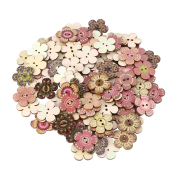 Дървени бутони с форма на цвете Дървени анимационни бутони 2 дупки Дрехи Шевни копчета за шиене Diy Craft, 100pcs