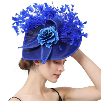 Derby Fashion Royal Blue Fascinators Hat Лента за глава Fedora Caps с цветно парти чай Разкошни дами Жени Сватбени шапки Chapeau