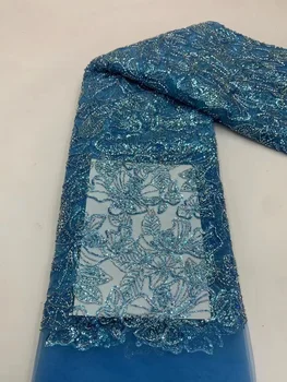 Луксозна синя висококачествена ръчно изработена мъниста тюл дантела африканска дантела 2023 бродирана нигерийска дантела за сватбена рокля