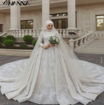 Мюсюлманска рокля с дълъг ръкав Елегантна класическа сватбена рокля с дължина до пода A-line Sparkly Appliques SequinsBride Robe