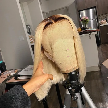 Glueless HD Full Lace Wigs Ash Blonde Straight Bob Wig Lace Front Human Hair Wigs Pre Plucked Dark Roots Ombre Human Hair Wig
