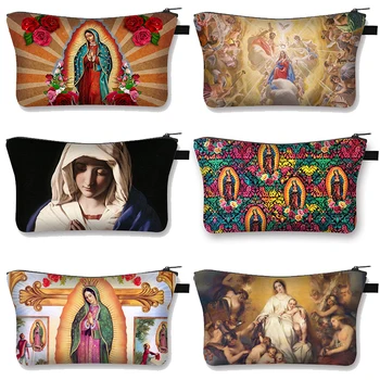 Дева Мария от Гуадалупе икона печат козметичен случай Mary Религия жени грим чанти Harajuku червило чанта цип торбичка тоалетни чанти