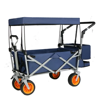 Сгъваема количка за вагони W / Регулируема дръжка Бар Подвижен балдахин Оксфорд кърпа Сгъваема пазаруване на открито къмпинг плажна количка