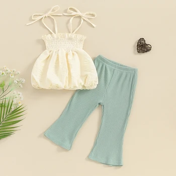 Малко дете бебе момиче дрехи спагети каишка Ruched без ръкави Cami отгоре оребрени разкроени панталони комплект пролет лято облекло